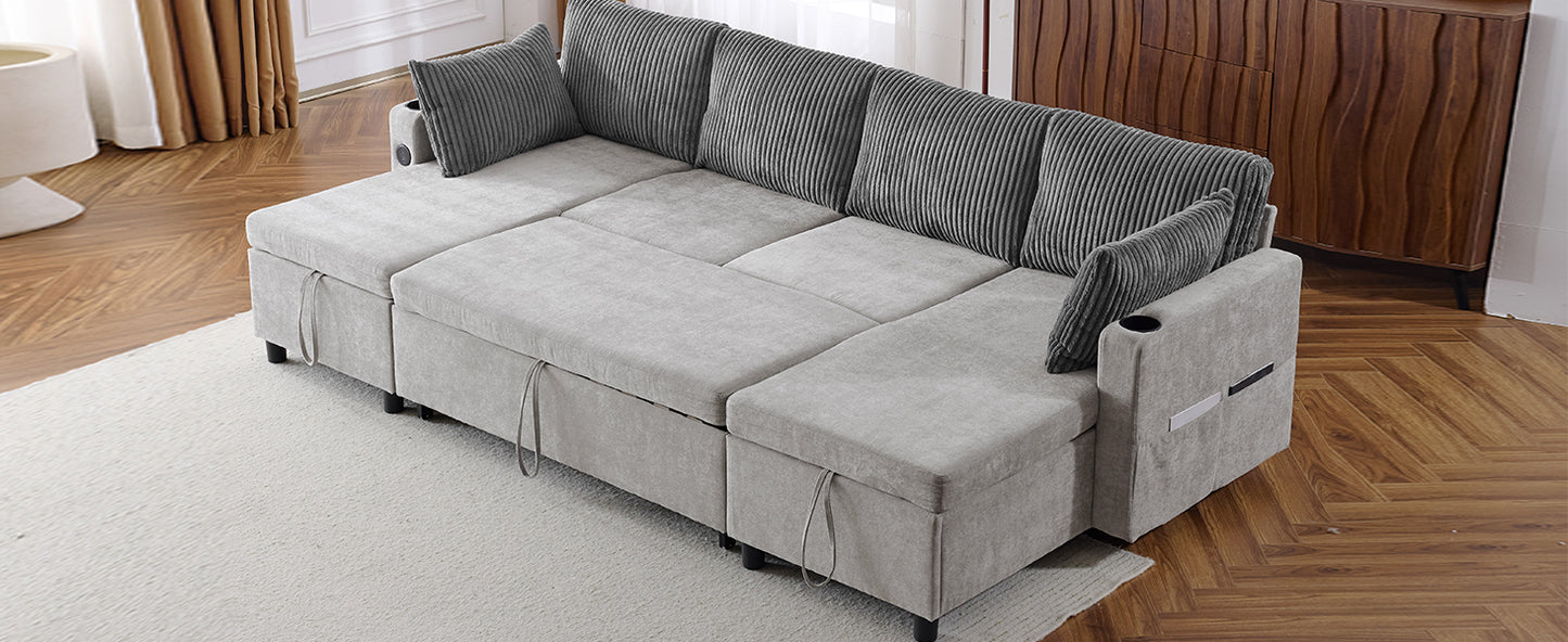 111.8" Sectional Sofa Pull-out Sofa Bed Versatile Sofa Sleeper with Large Storage Space, Two USB Ports and Two Cup Holders for Living Room, Grey