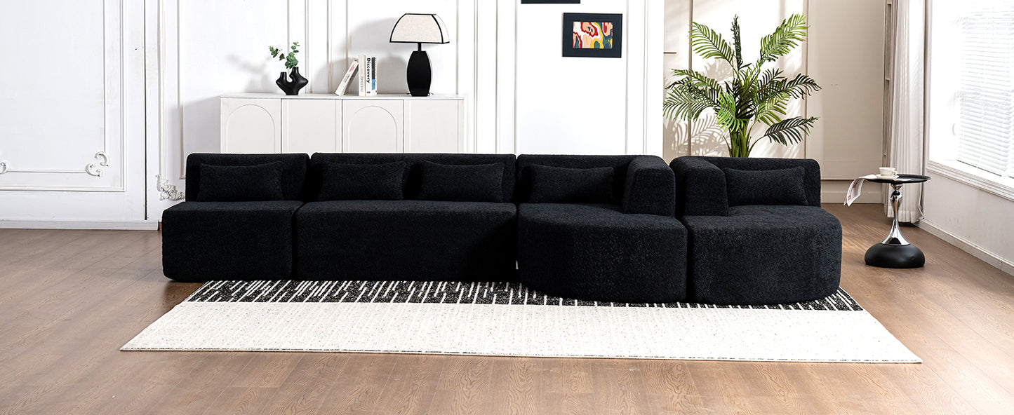 143.7" Upholstered Sofa Free-combined Sofa Couch with Two Chaise Lounge and Five Back Pillows for Living Room, Black