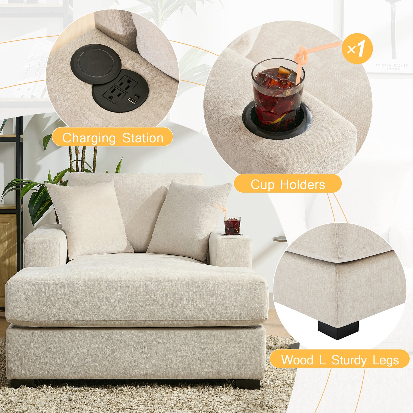 43.5" Oversized Chaise Lounger Modern Style Sofa Couch ,with Pillows, Charge Station & Cup Holders, Chenille Fabric, Cream