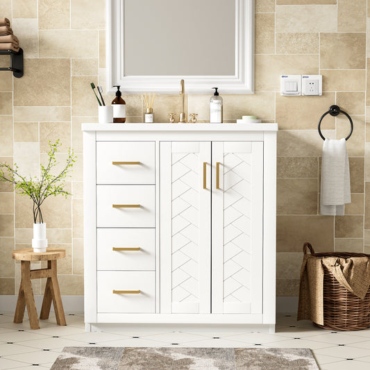 30'' Bathroom Vanity with Ceramic Sink Combo,Solid Wood Frame Bathroom Storage Cabinet, Freestanding Vanity Set with 3 Drawers& Soft Closing Doors