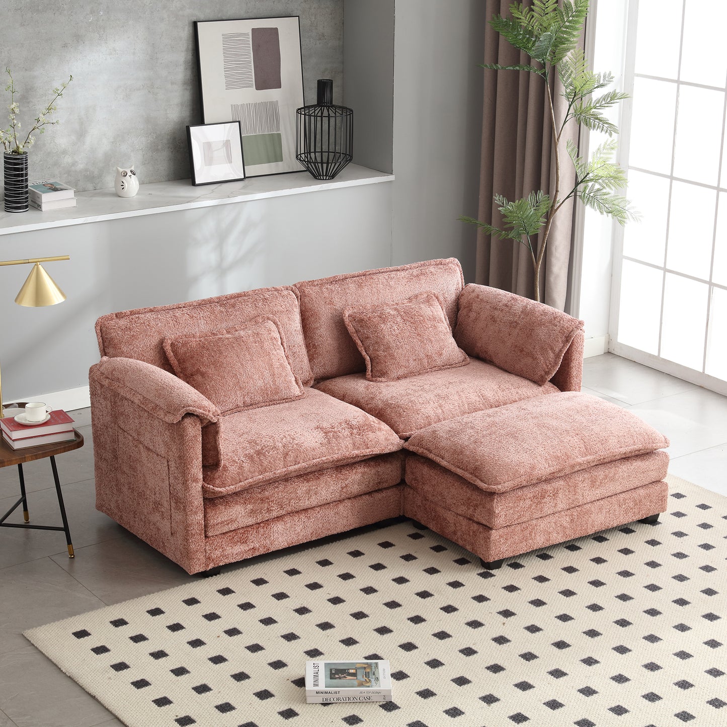 UNITED WE WIN Chenille fabric, removable armrests with side pockets, high density sponge filling, oversized double sofa with footstool