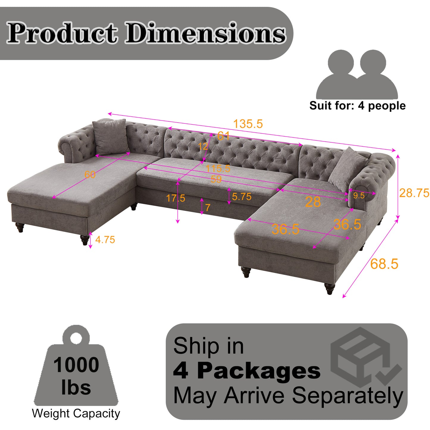 135.5-inch Modern Style Chenille Three Piece Sofa, Pull Point Design U-shaped Sofa two Chaise Longue Seats, two Pillows and Wooden feet, Suitable for Living room, Bedroom, Lounge and Projection Room