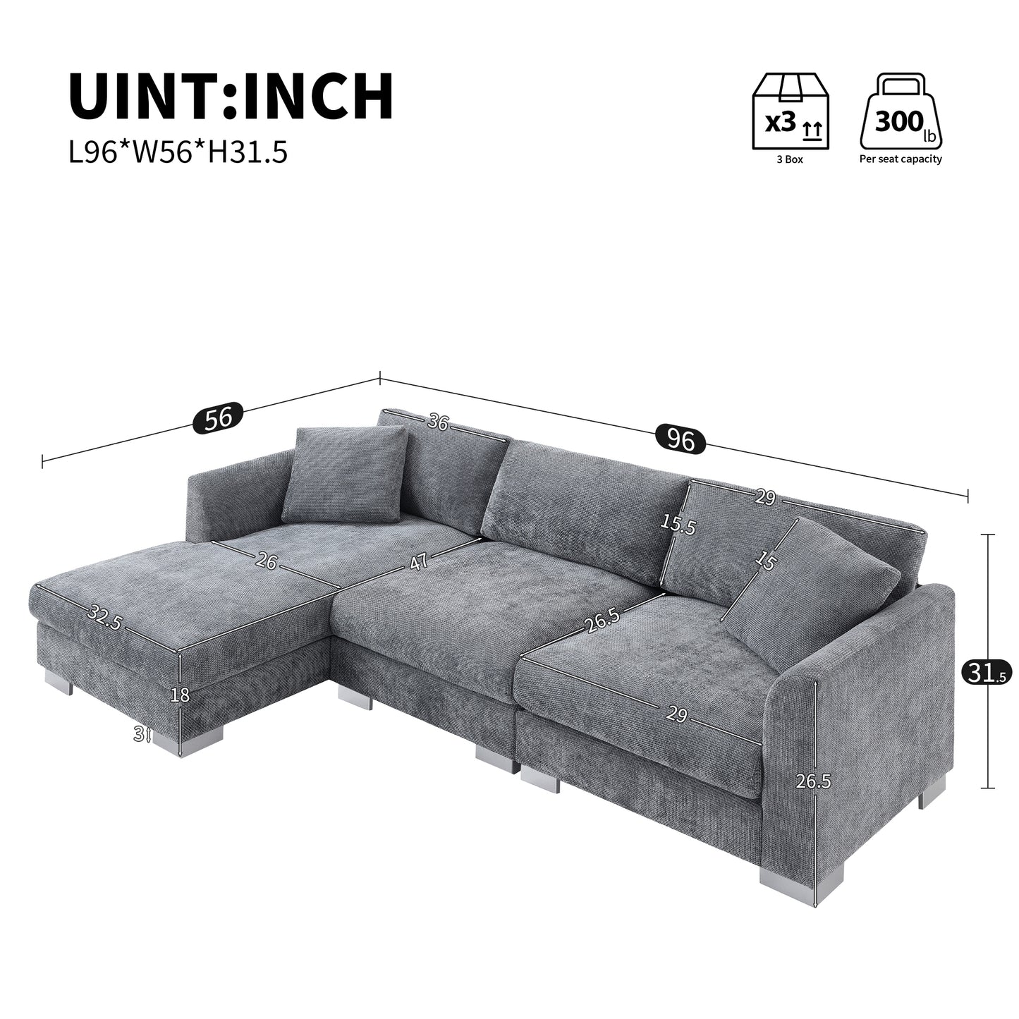 [VIDEO provided][New] 96*56" Modern Cloud Sectional Sofa,L-shaped Luxury Couch Set with 2 Free pillows,4-seat Chenille Indoor Furniture with Oversized Chaise for Living Room,Apartment,Office,3 Colors