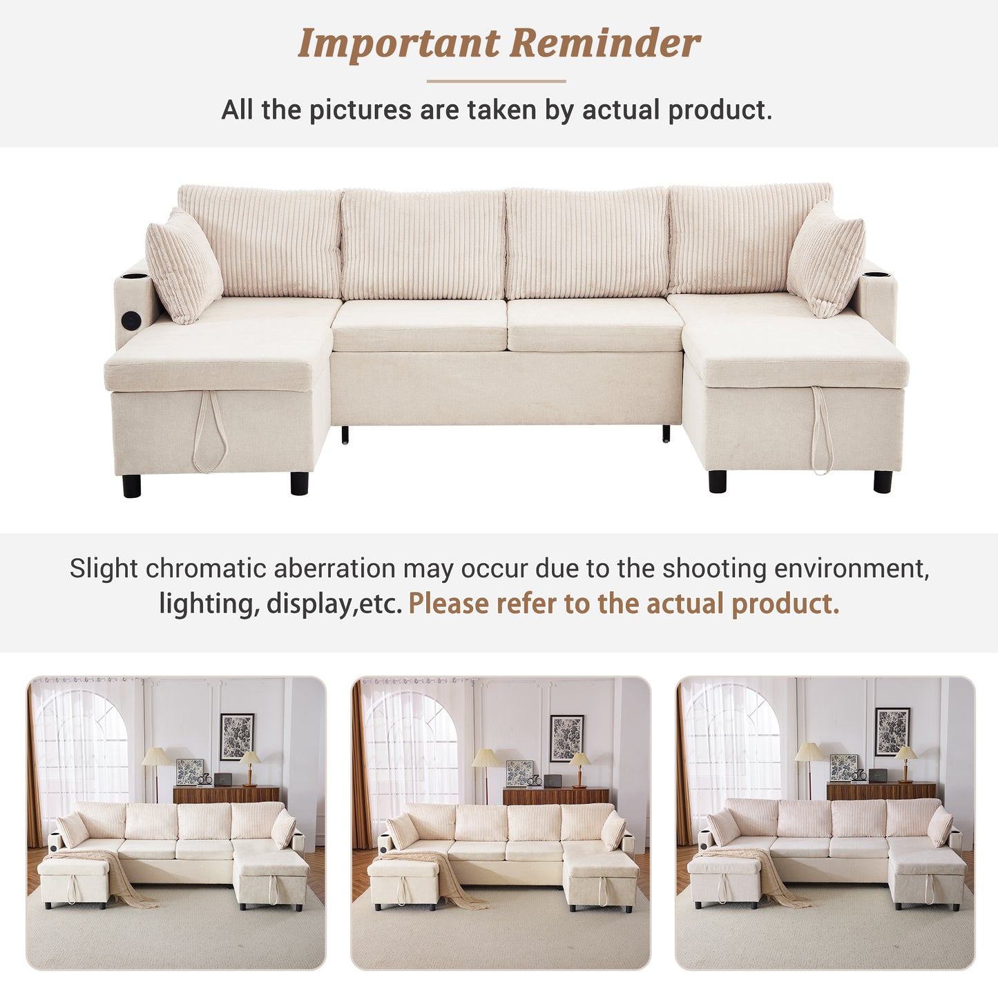 111.8" Sectional Sofa Pull-out Sofa Bed Versatile Sofa Sleeper with Large Storage Space, Two USB Ports and Two Cup Holders for Living Room, Beige