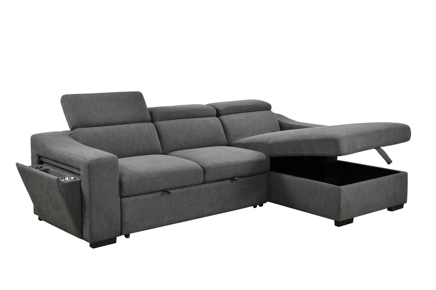 103'' inch Convertible Sectional Sofa with Storage Chaise, Adjustable Headrests, L-shaped Sleeper Corner Sectional Sofa with a Pull-Out Bed ,a USB Charging,and a Cup Holder,Dark Gray