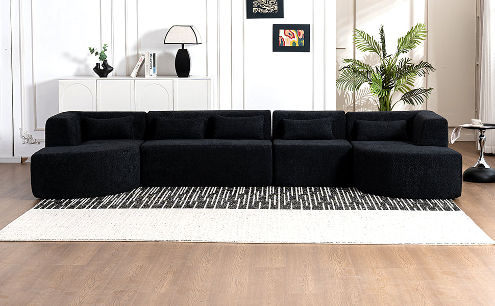 143.7" Upholstered Sofa Free-combined Sofa Couch with Two Chaise Lounge and Five Back Pillows for Living Room, Black