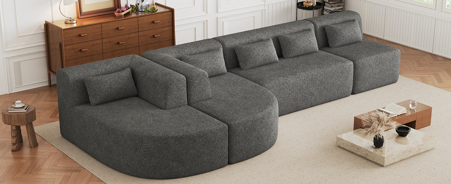 143.7" Upholstered Sofa Free-combined Sofa Couch with Two Chaise Lounge and Five Back Pillows for Living Room, Light Gray