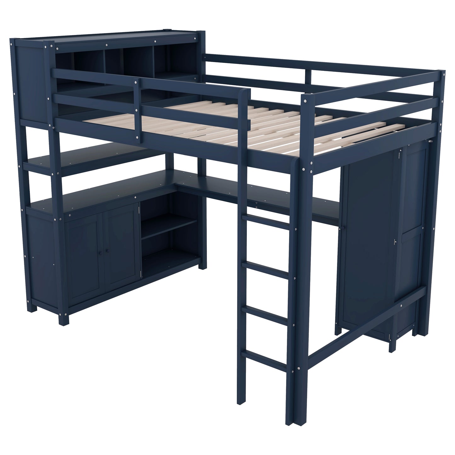 Wood Loft Bed with Cabinet and Bookshelf, Full Size Loft with Wardrobe and Desk for Kids,Dark Blue(Expect Arrival Date 2024/8/25)