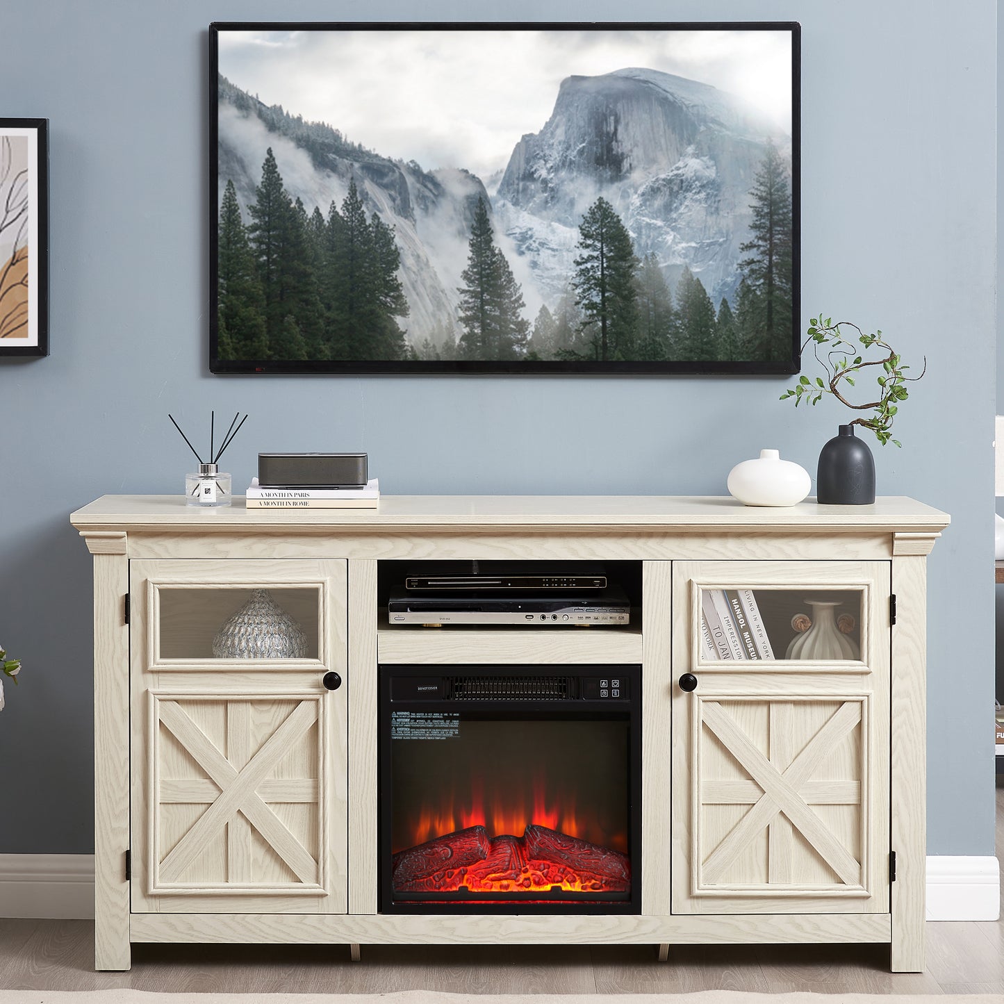 2 Doors Cabinet Farmhouse  Cabinet, Farmhouse TV Stand Barn Design,Modern Farmhouse TV Media Stand, Large Barn Inspired Home Entertainment Console with 18" fireplace insert,WHITE,60.23"W*15.35"D*31.7H