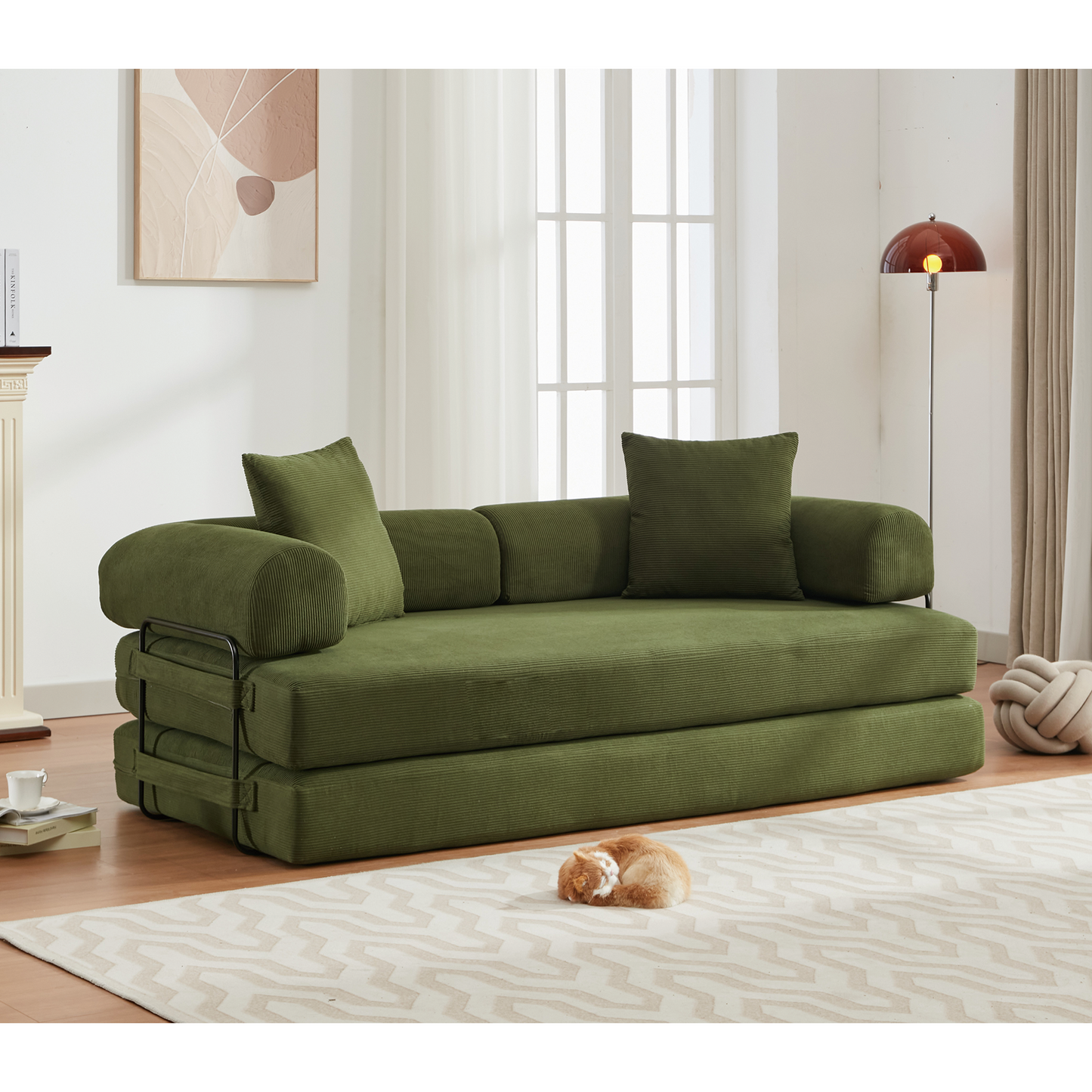 [NEW ARRIVED] [VIDEO PROVIDED] 78.5" Folding Convertible Out Sleeper Sofa Bed,4-in-1 DIY Combination Convertible  Sofa, 3 seat, Folding Sleeper Sofa, King Size , Bedroom,Apartment,Corduroy,Green