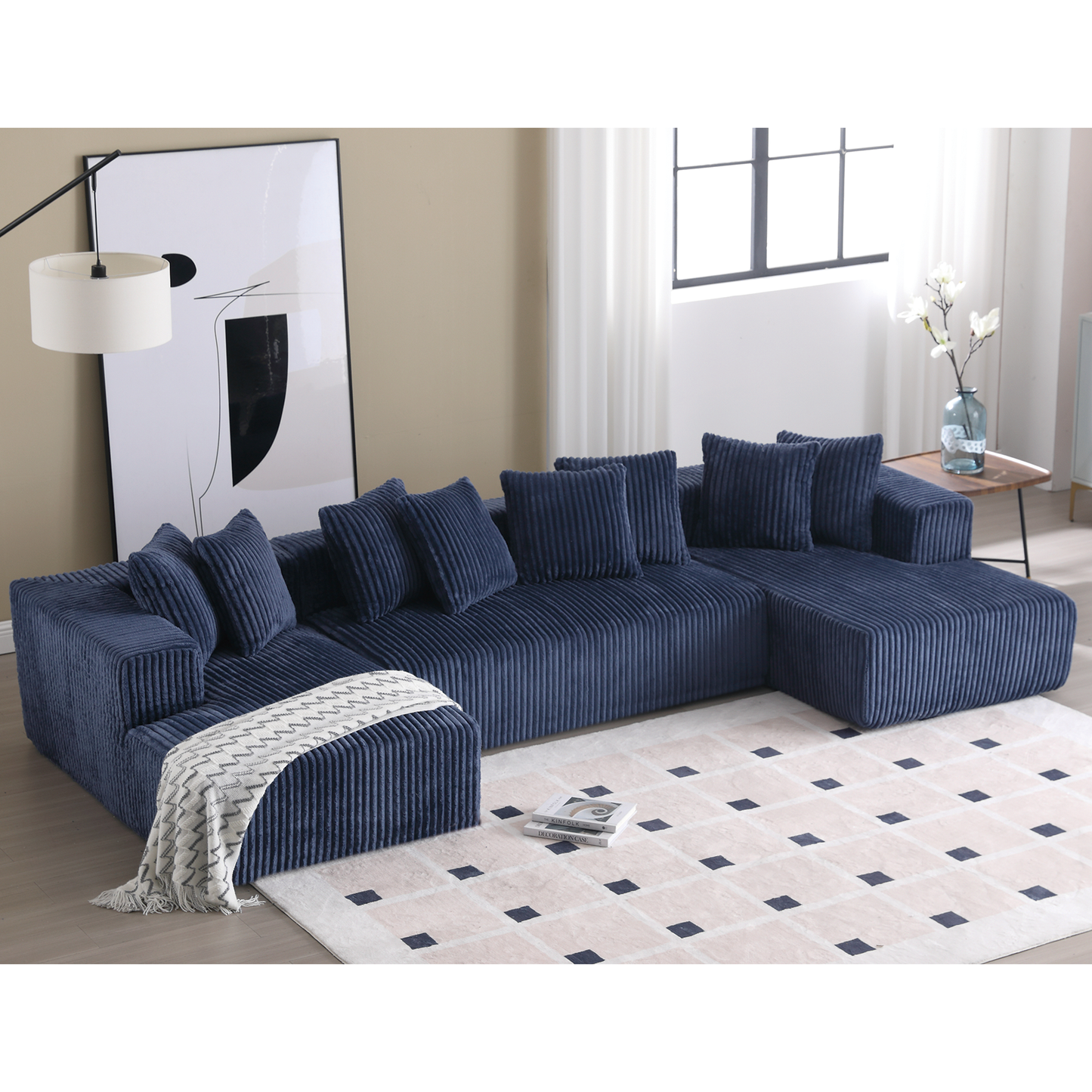 [VIDEO PROVIDED]131'' Modular Sectional Couch, U-shaped sofa , Chaise Lounge, Striped fabric,Upholstered 4 Seater Couch for Living Room, Bedroom, Free Combination Sofa (Corduroy), Blue