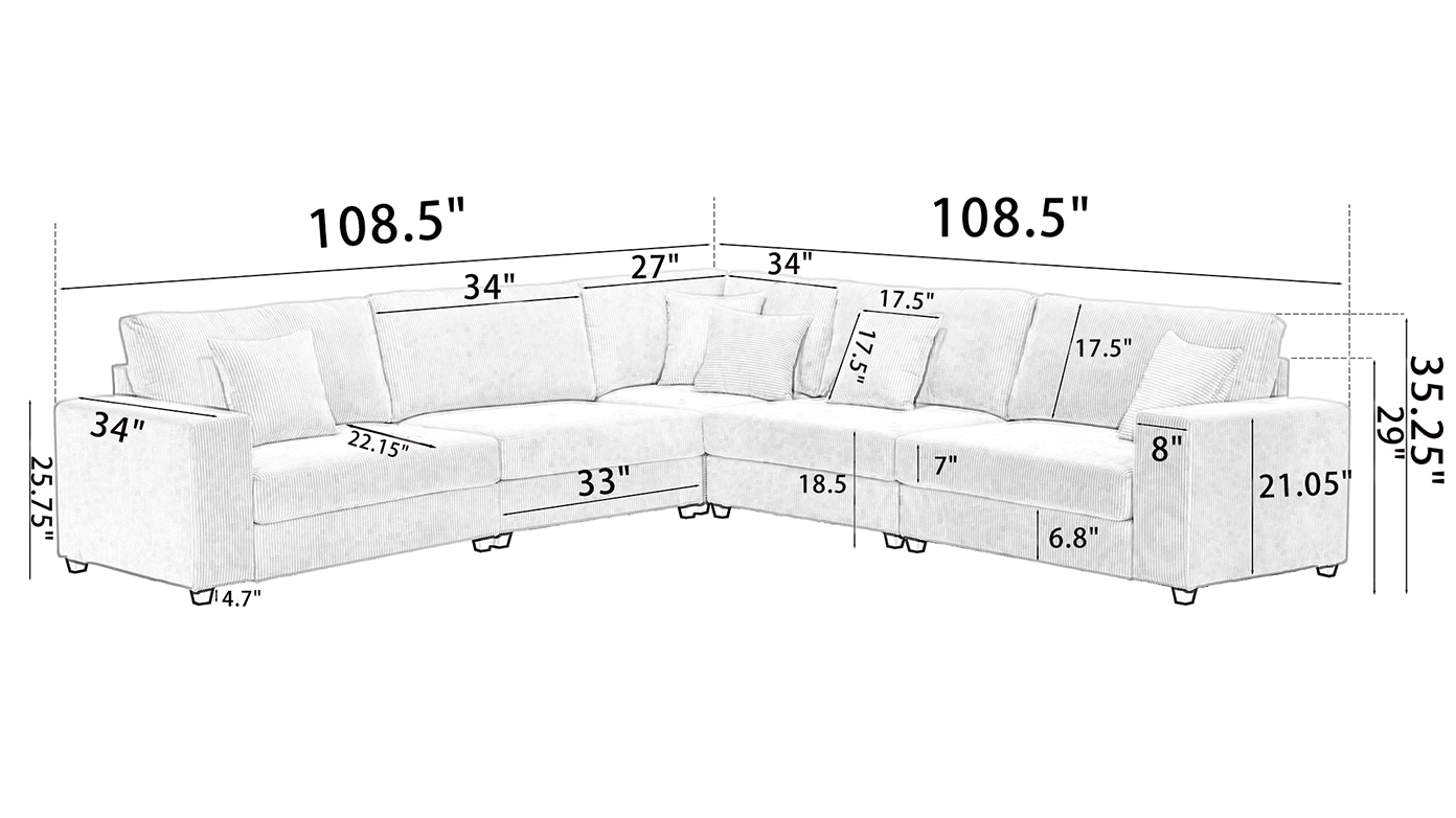 [NEW PACKAGING UPGRADE]Oversized Modular Sectional Sofa Set, L Shaped Couch,Corduroy ,Upholstered,Deep Seat,,5 Seat,5 Throw pillow and 6 back cushion,Living Room, Apartment ,Beige