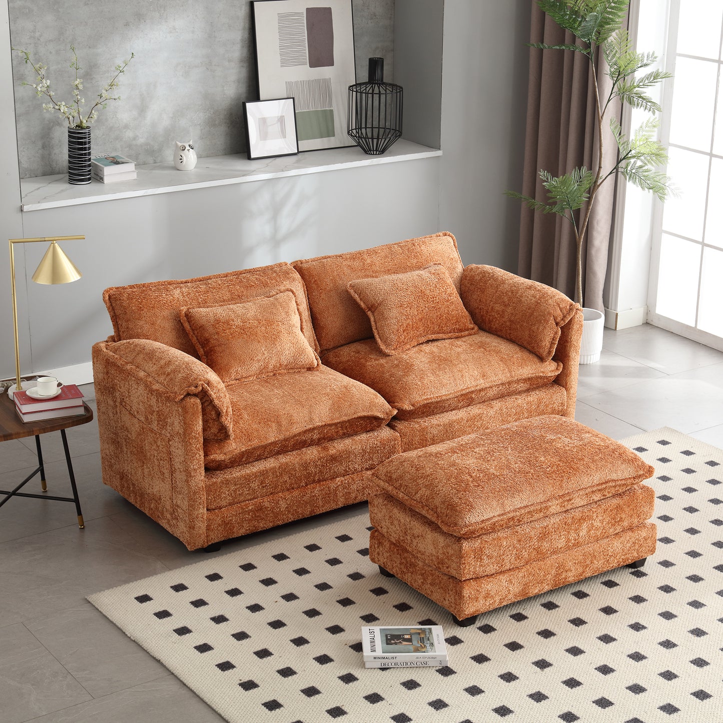 UNITED WE WIN Chenille fabric, removable armrests with side pockets, high density sponge filling, oversized double sofa with footstool