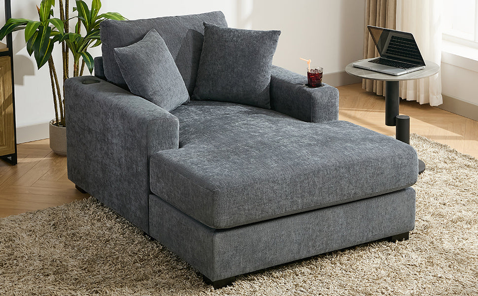 43.5" Oversized Chaise Lounger Modern Style Sofa Couch ,with Pillows, Charge Station & Cup Holders, Chenille Fabric, Blue Gray