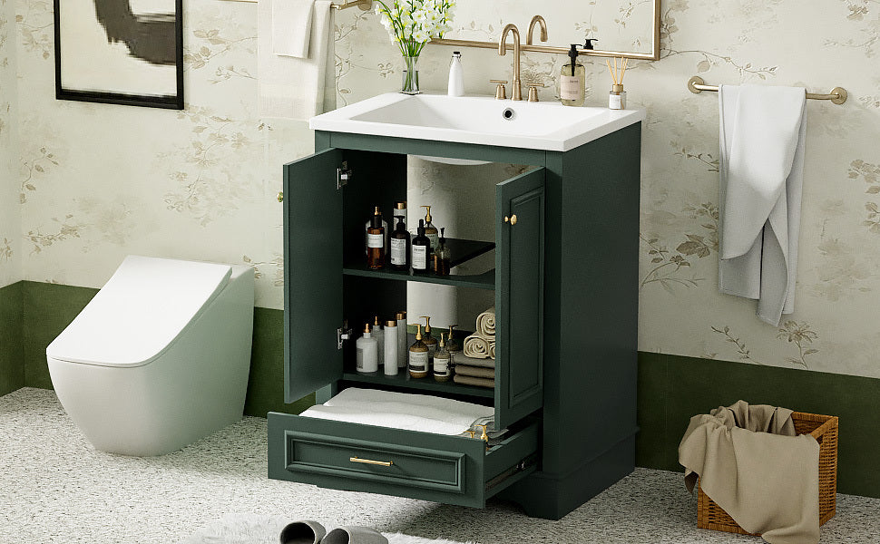 24'' Bathroom Vanity with Ceramic Sink Combo, Modern Freestanding Storage Cabinet  with Silver Handles,  Soft Closing Doors