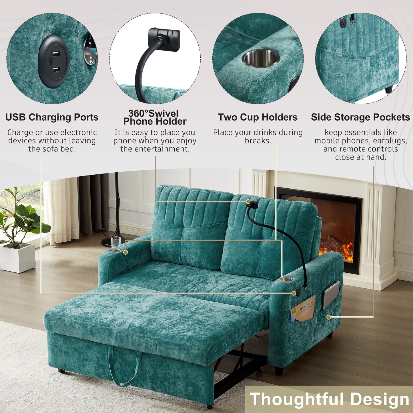 53.9" Modern Loveseat Pull-out Sofa Bed with Adjustable Backrest, Two Cup Holders , a Phone Holder, Three Charging Ports and Side Storage Pockets for Living Room, Teal