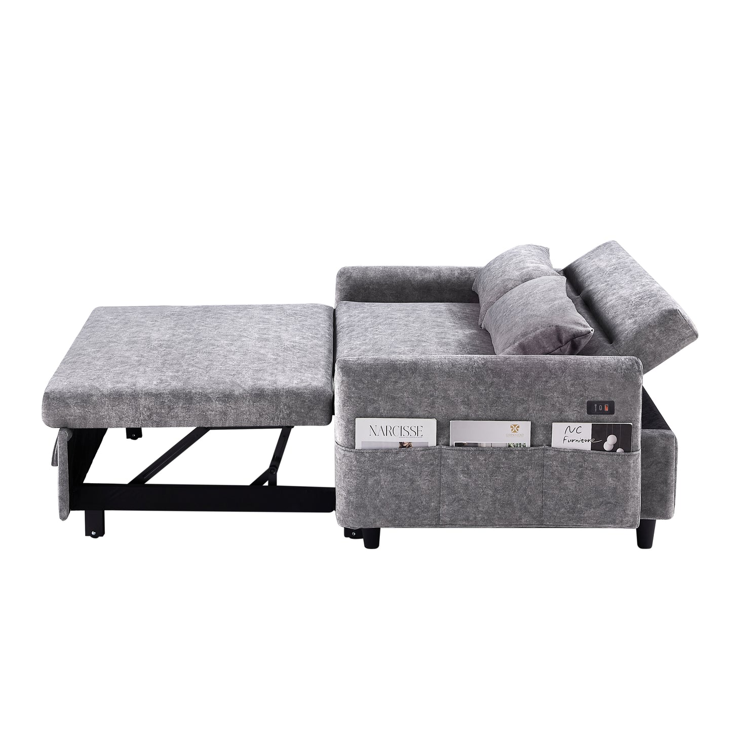 55.1" Pull Out Sleep Sofa Bed Loveseats Sofa Couch with Adjsutable Backrest, Storage Pockets, 2 Soft Pillows, USB Ports for Living Room, Bedroom, Apartment, Office,Grey (Old SKU:WF315689AAE)