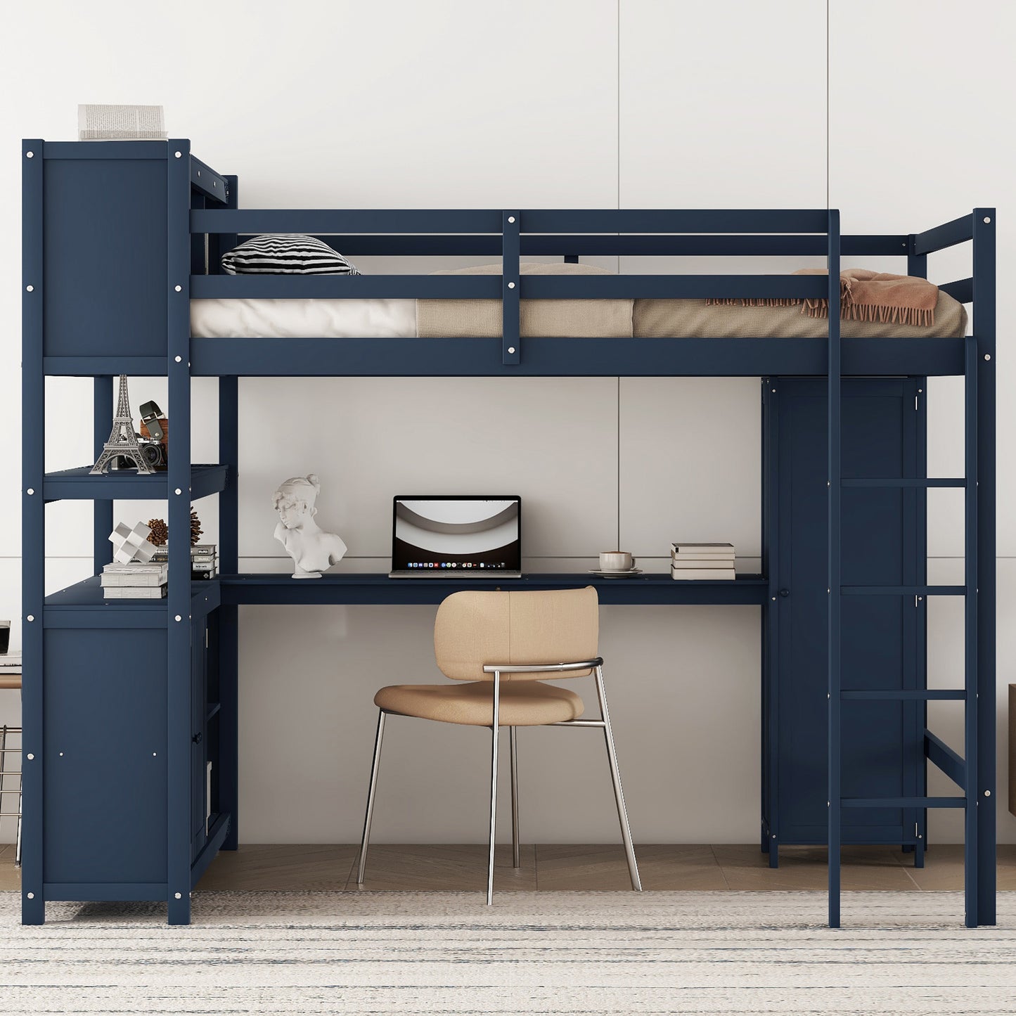 Wood Loft Bed with Cabinet and Bookshelf, Full Size Loft with Wardrobe and Desk for Kids,Dark Blue(Expect Arrival Date 2024/8/25)