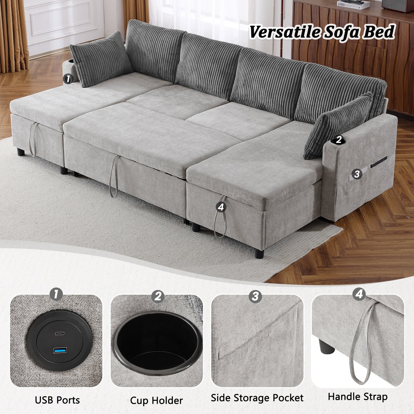 111.8" Sectional Sofa Pull-out Sofa Bed Versatile Sofa Sleeper with Large Storage Space, Two USB Ports and Two Cup Holders for Living Room, Grey