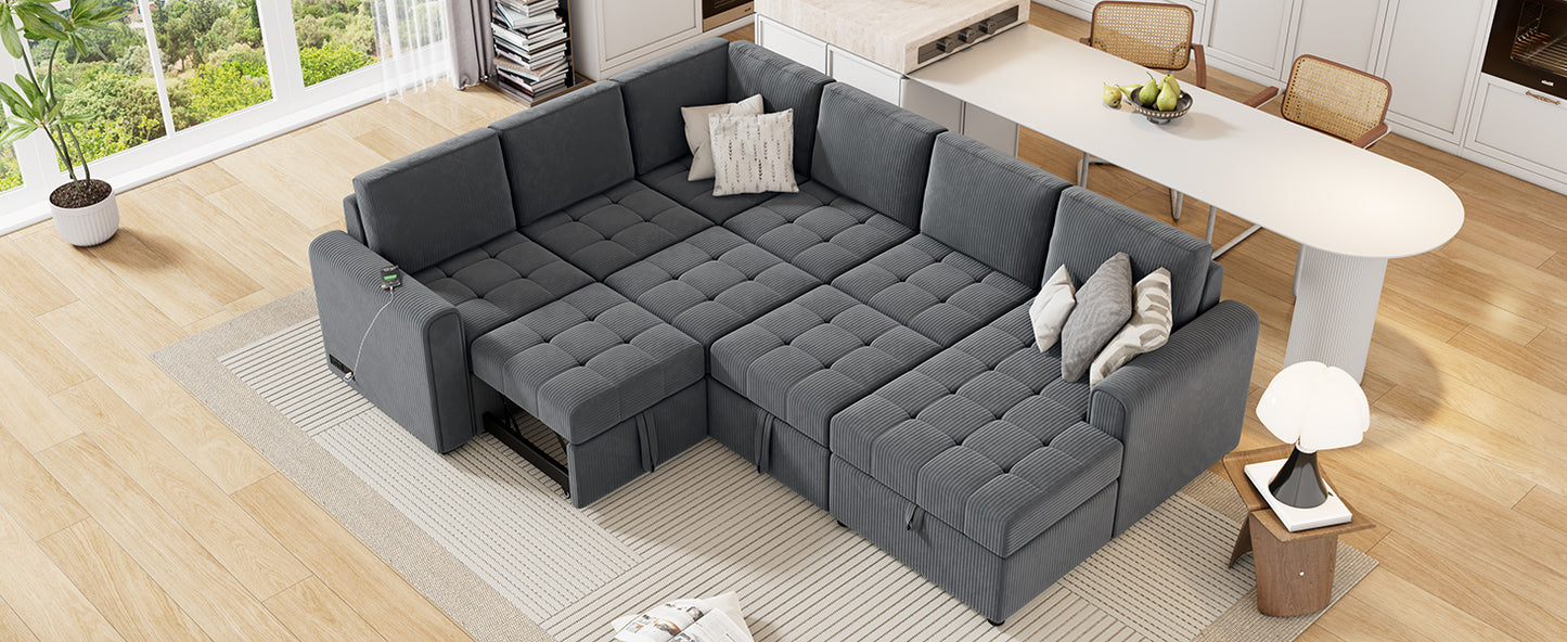 107.5" U-shaped Sofa Sectional Sofa Pull-out Sofa bed with a Storage Chaise Lounge, Charging Devices for Living Room, Gray