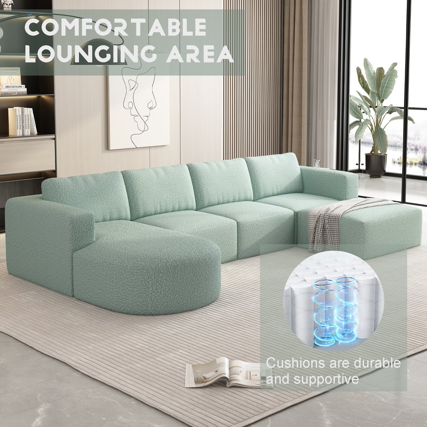 104.32*74.8 Modular Sectional Sofa Sleeper Couch, Sectional Sofa with Chaise and Ottoman, Convertible U Shaped Modular Sofa Set. Compressed spon, Light Green (Combo 2A+2B+2D)