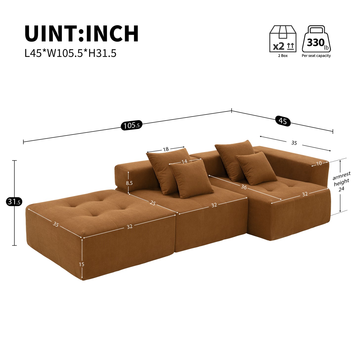 [VIDEO+New]105.5''L Shaped Modular Sectional Sofa,Minimalist Corduroy Floor Couch Set,Convertible Foam-Filled Cloud Compressed Couch for Living Room,3 PC Free Combination,No Assembly Required,3 Colors