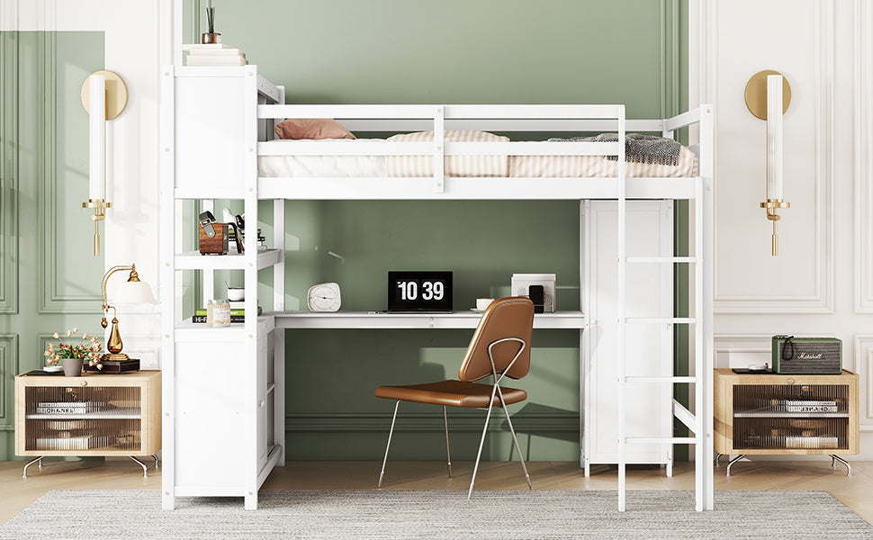 Wood Loft Bed with Cabinet and Bookshelf, Full Size Loft with Wardrobe and Desk for Kids,White (Expect Arrival Date 2024/8/25)