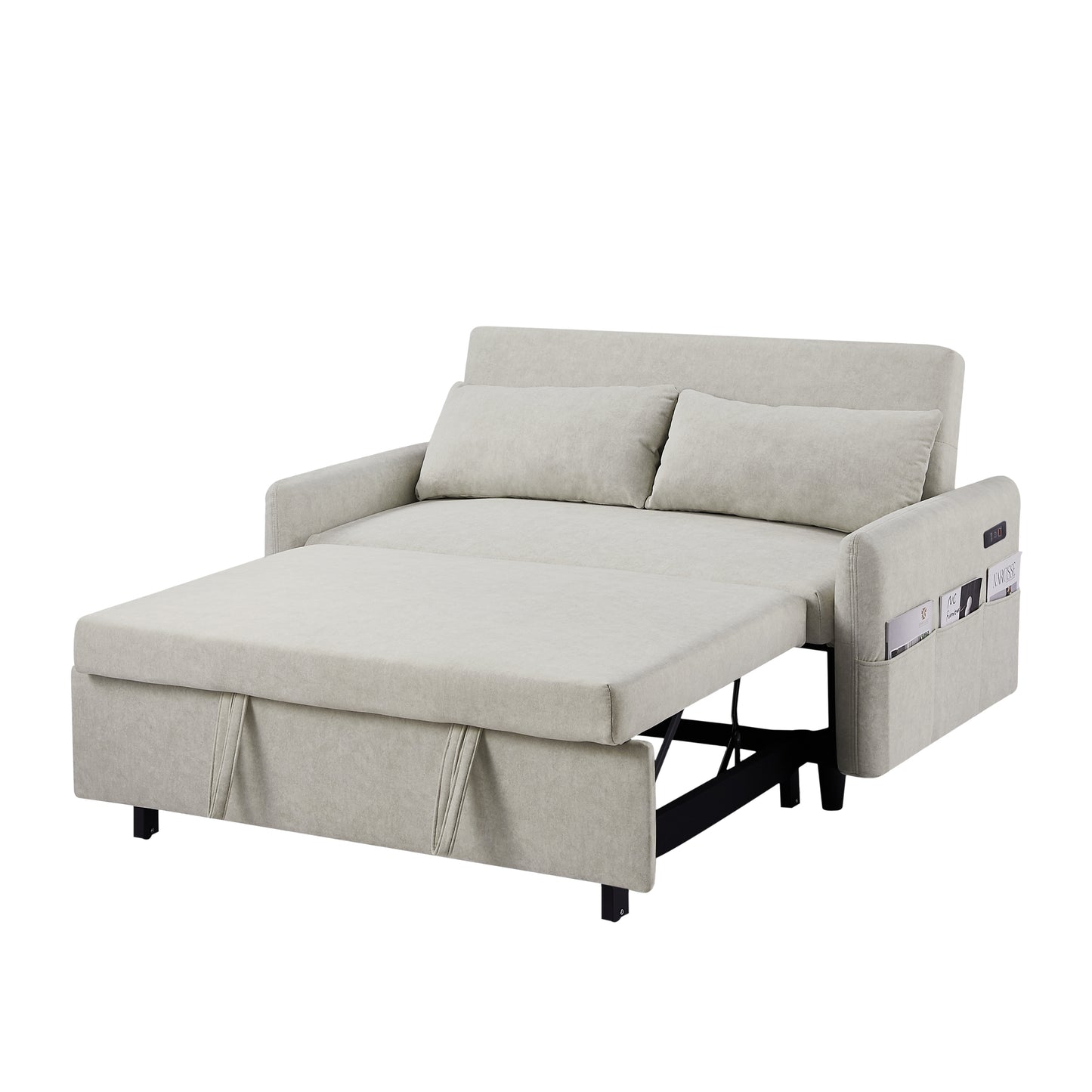 55.1" Pull Out Sleep Sofa Bed Loveseats Sofa Couch with Adjsutable Backrest, Storage Pockets, 2 Soft Pillows, USB Ports for Living Room, Bedroom, Apartment, Office, Beige (Old SKU: WF315689AAA)