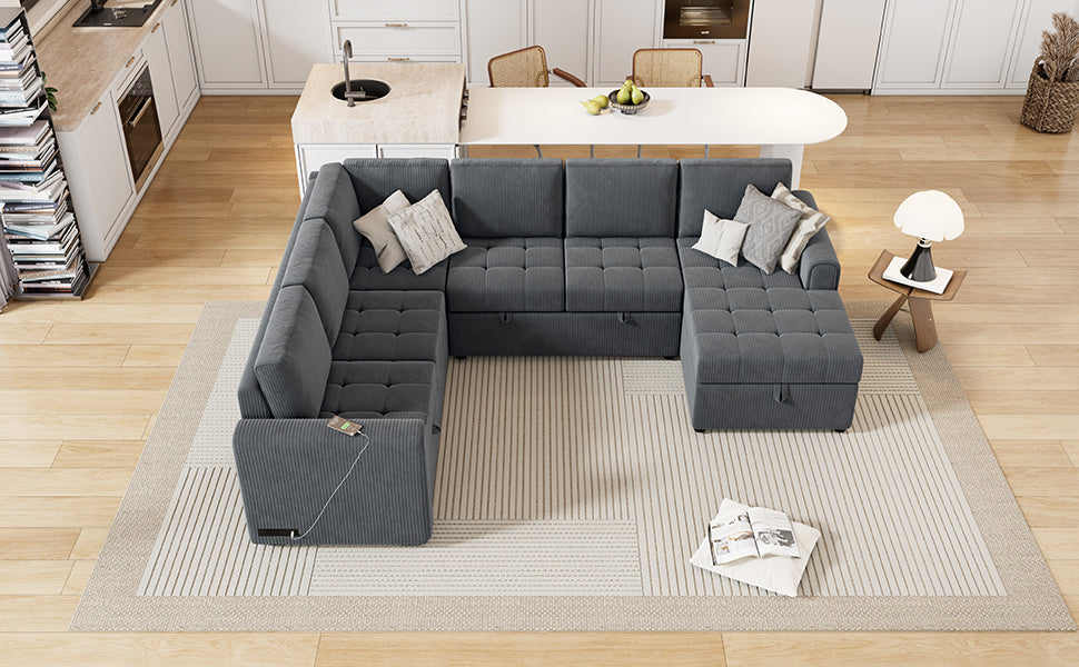 107.5" U-shaped Sofa Sectional Sofa Pull-out Sofa bed with a Storage Chaise Lounge, Charging Devices for Living Room, Gray