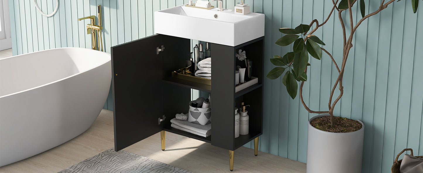 21.6" Black Bathroom vanity, Combo Cabinet, Bathroom Storage Cabinet, Single Ceramic Sink, Right side storage