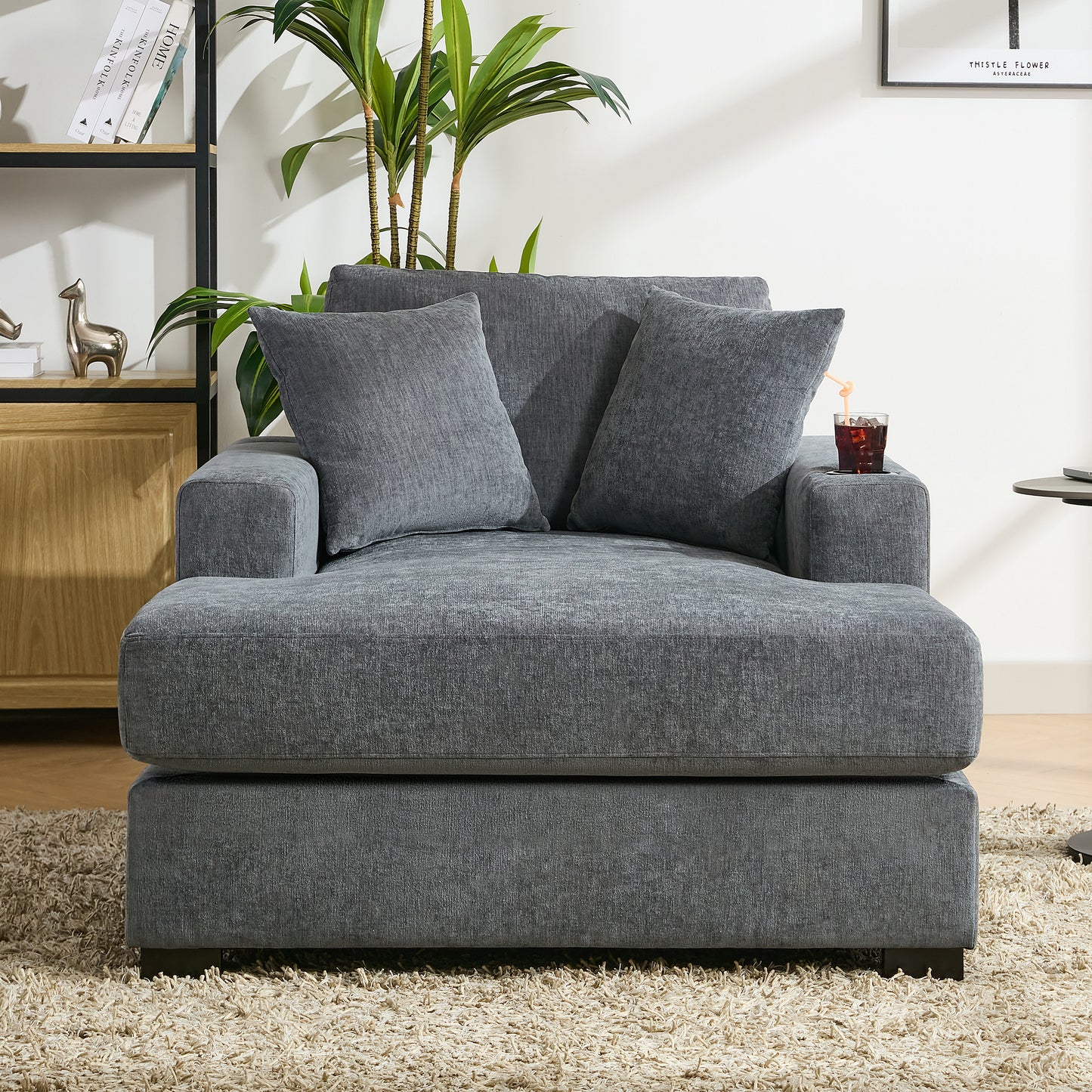 43.5" Oversized Chaise Lounger Modern Style Sofa Couch ,with Pillows, Charge Station & Cup Holders, Chenille Fabric, Blue Gray