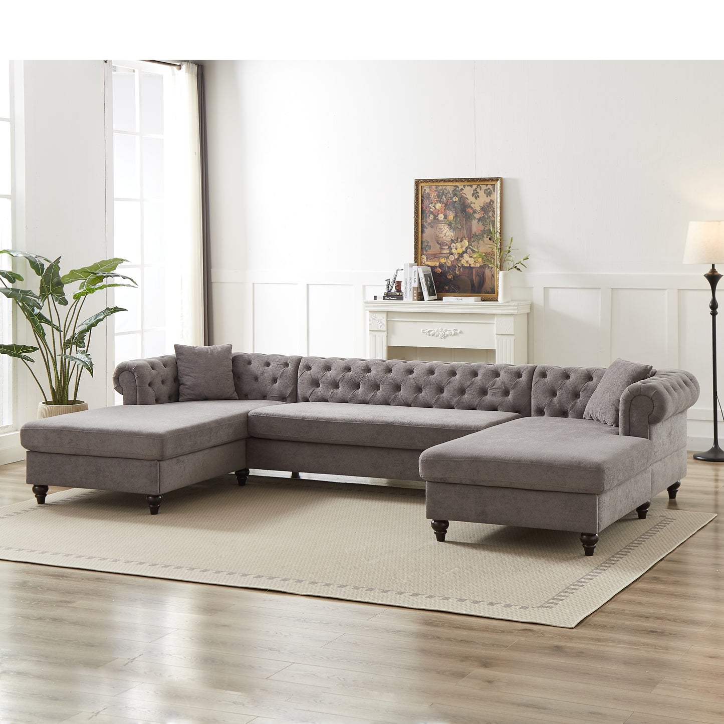 135.5-inch Modern Style Chenille Three Piece Sofa, Pull Point Design U-shaped Sofa two Chaise Longue Seats, two Pillows and Wooden feet, Suitable for Living room, Bedroom, Lounge and Projection Room