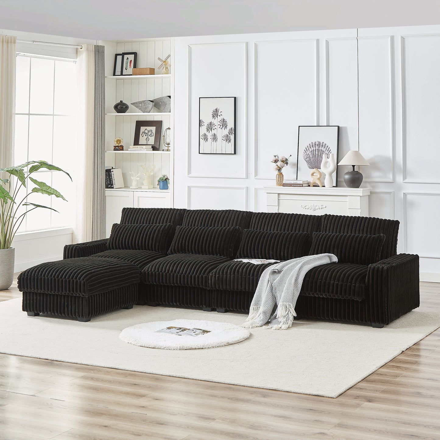 126-inch Corduroy With Cup Holder Super Large L-Shaped Sofa, Movable Footrest, Four Waist Pillows And Four Back Cushion, With USB Port And Type-C Port