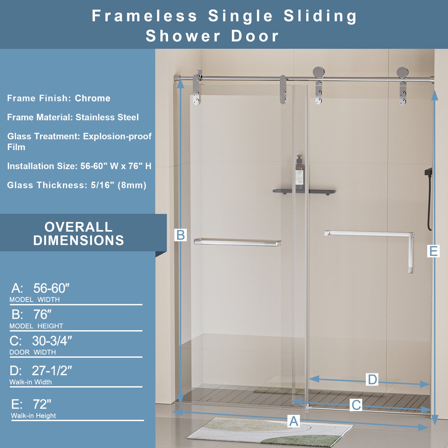 56-60 in. W x 76 in. H Frameless Shower Door, Single Sliding Shower Door, 5/16" (8mm) Clear Tempered Glass Shower Door Explosion-Proof Film, Stainless Steel Hardware, Chrome 24D210-60C-COMBO