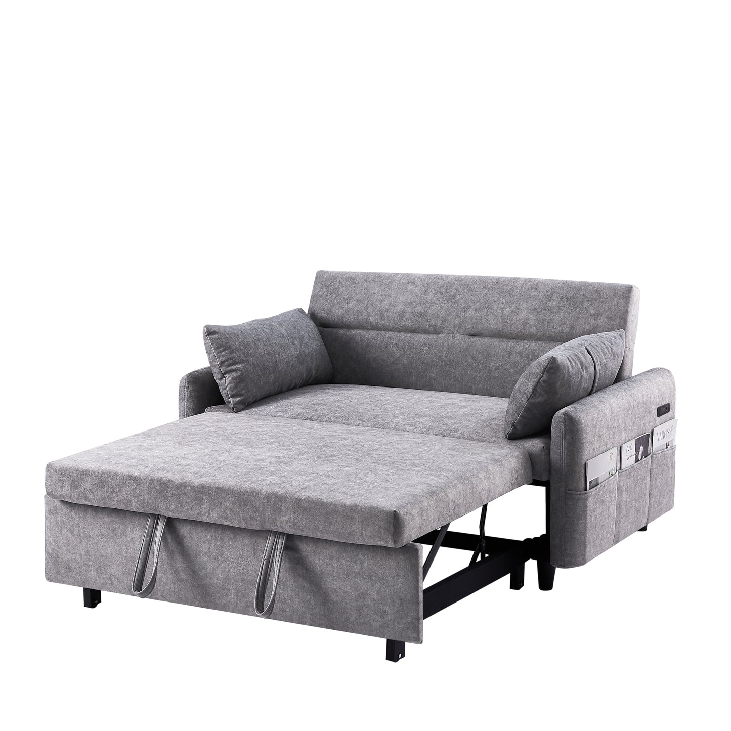 55.1" Pull Out Sleep Sofa Bed Loveseats Sofa Couch with Adjsutable Backrest, Storage Pockets, 2 Soft Pillows, USB Ports for Living Room, Bedroom, Apartment, Office,Grey (Old SKU:WF315689AAE)