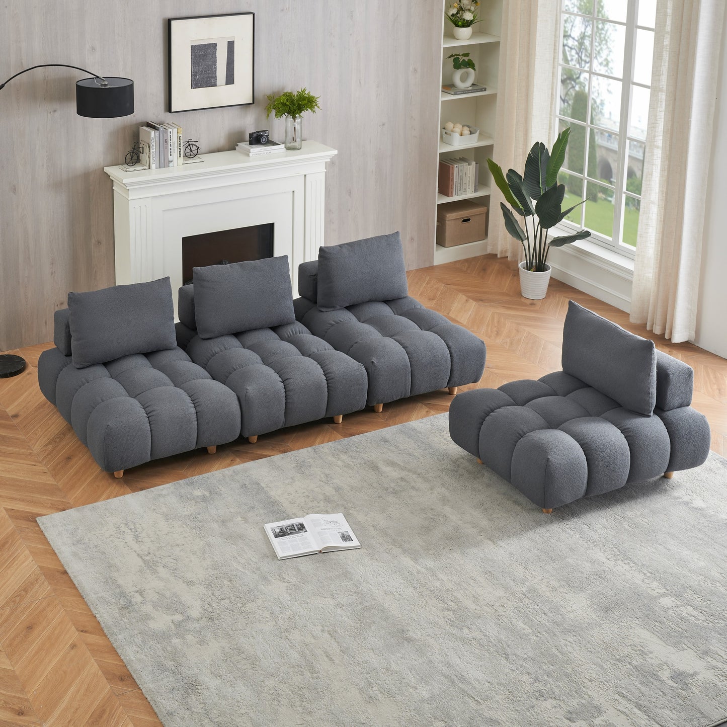 120 inches long, Teddy Sofa Fabric, with spacious and comfortable seats, for Apartment Office Living Room -Gray