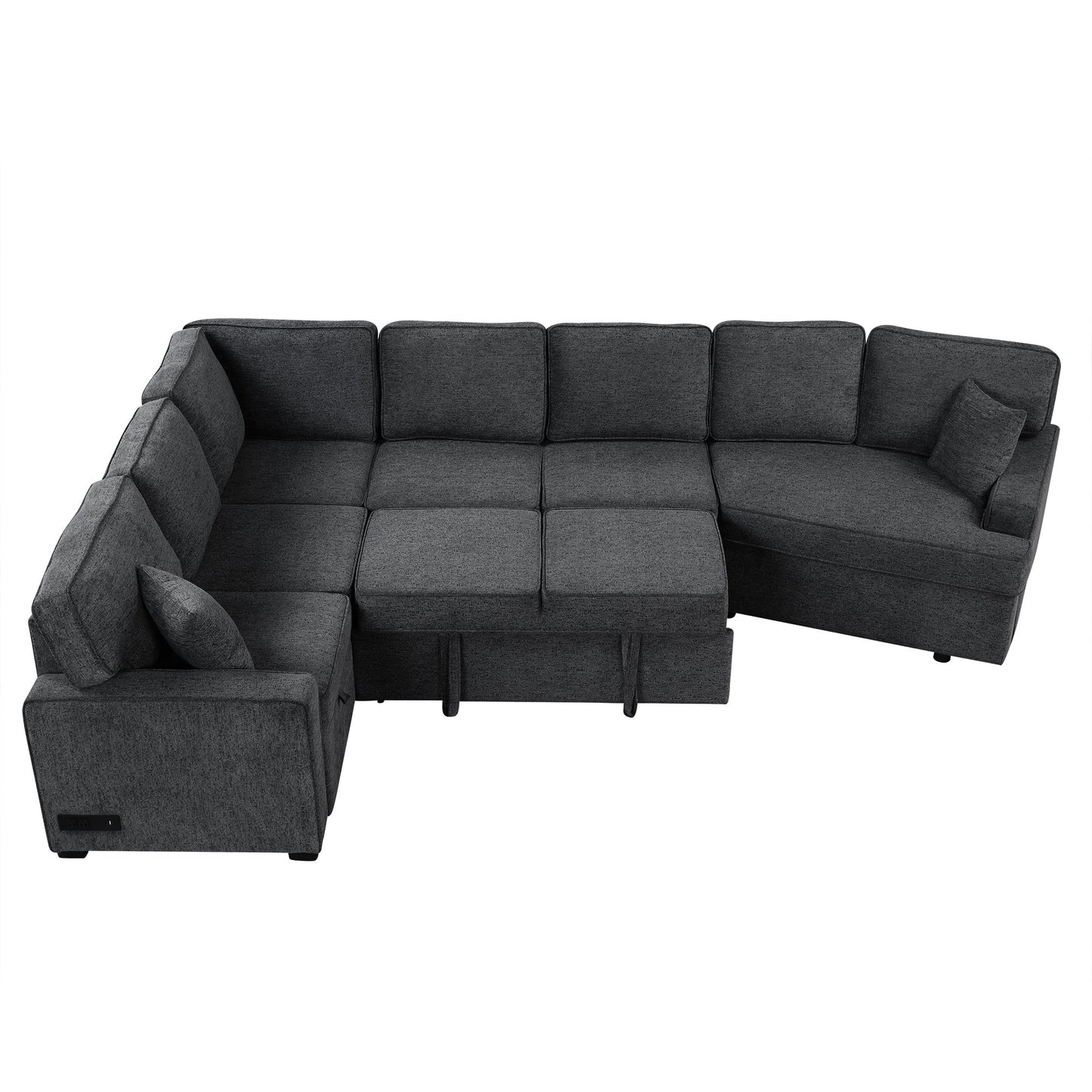 126" L-shaped Sofa Sectional Sofa Couch Pull-out Sofa Bed with Charging Devices and Cup Holders for Living Room, Blue Black