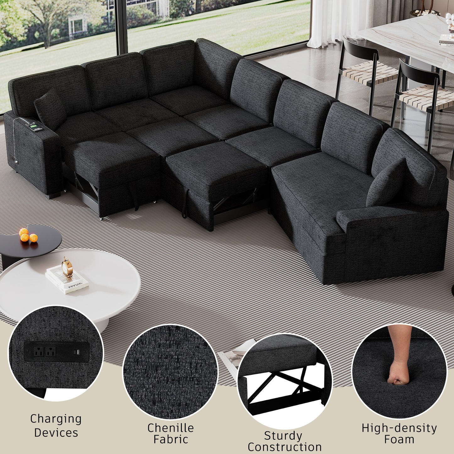 126" L-shaped Sofa Sectional Sofa Couch Pull-out Sofa Bed with Charging Devices and Cup Holders for Living Room, Blue Black