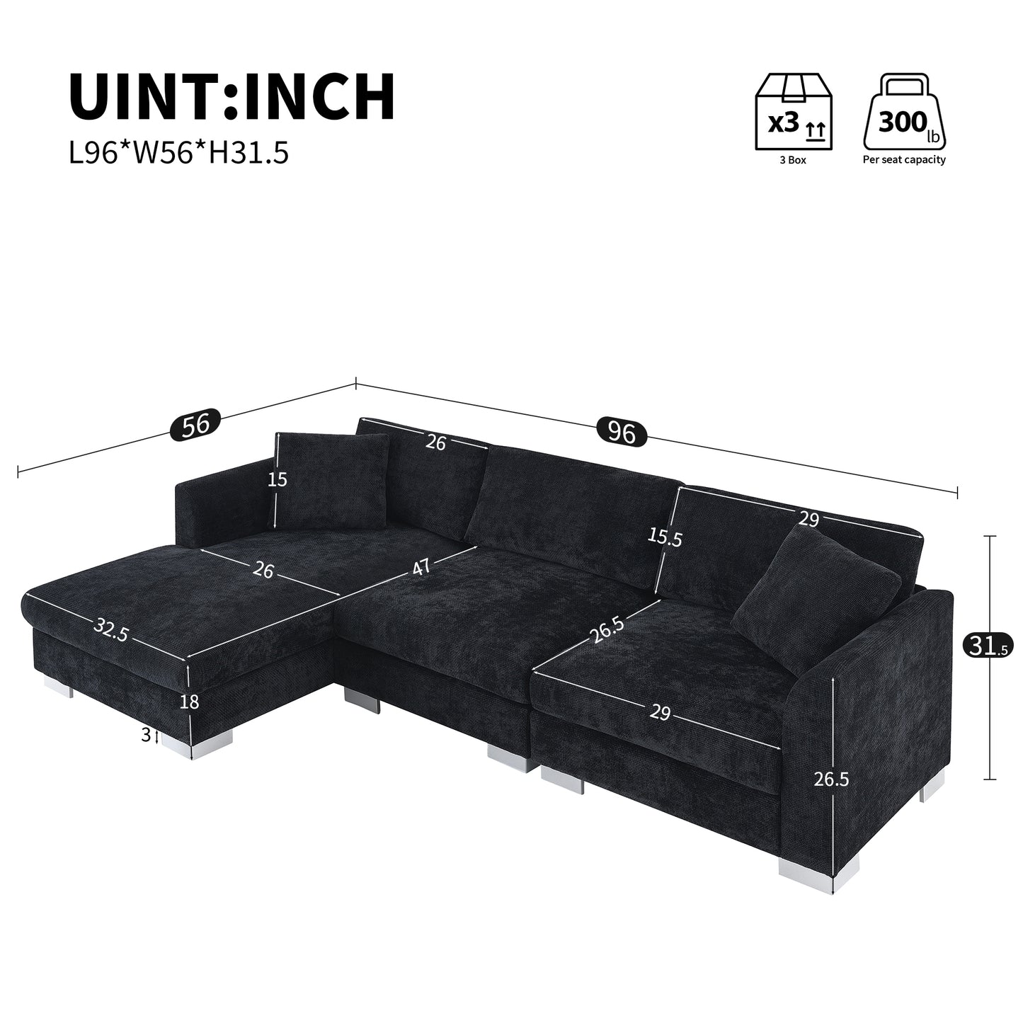 [VIDEO provided][New] 96*56" Modern Cloud Sectional Sofa,L-shaped Luxury Couch Set with 2 Free pillows,4-seat Chenille Indoor Furniture with Oversized Chaise for Living Room,Apartment,Office,3 Colors