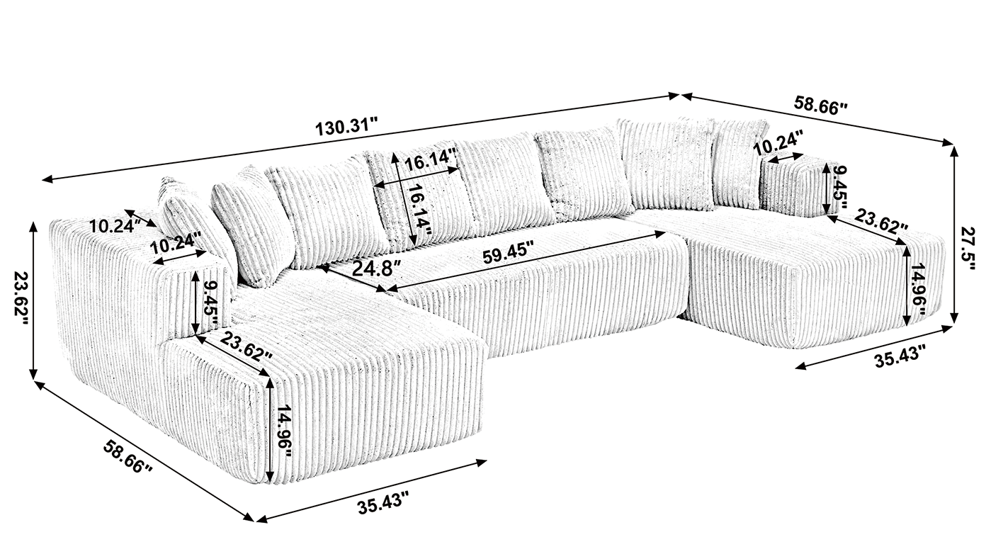 [VIDEO PROVIDED]131'' Modular Sectional Couch, U-shaped sofa , Chaise Lounge, Striped fabric,Upholstered 4 Seater Couch for Living Room, Bedroom, Free Combination Sofa (Corduroy), Blue