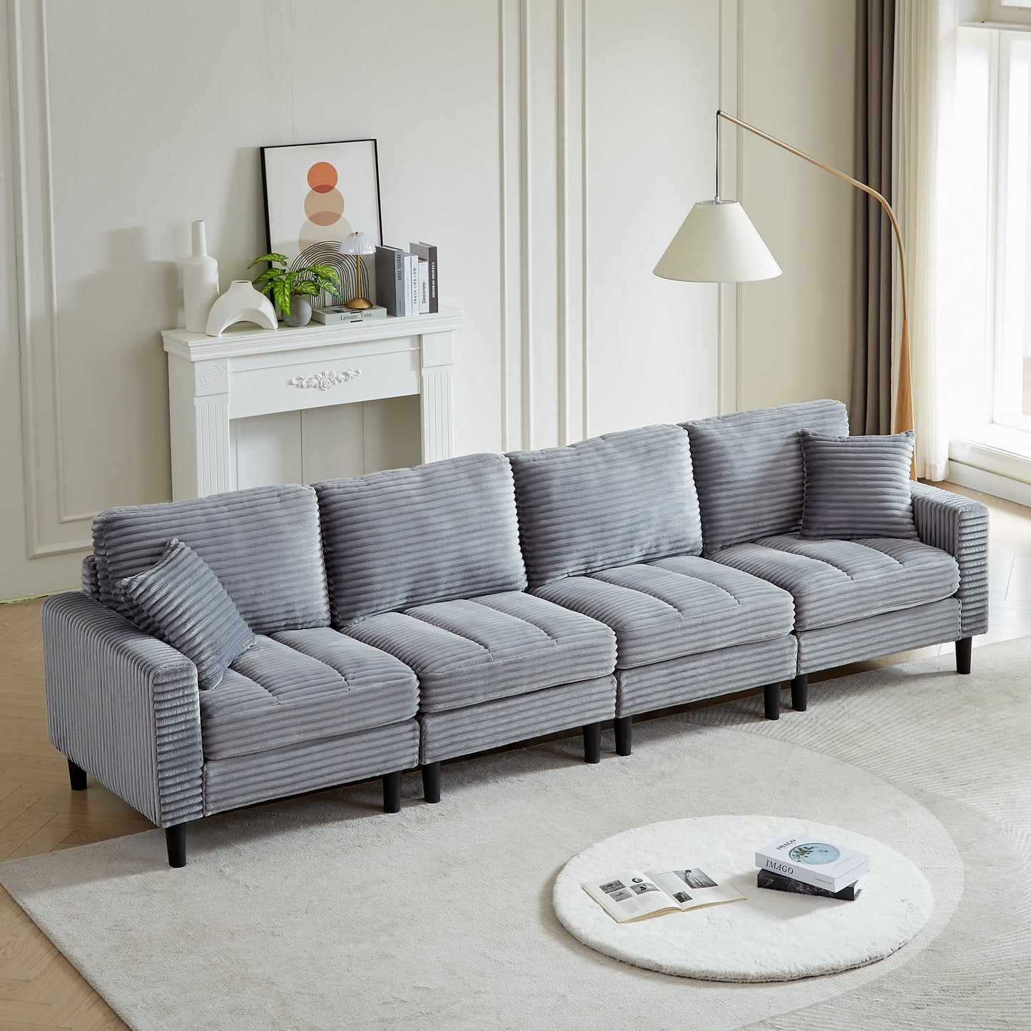 122.5-Inch Oversized U-Shaped Modular Sofa, Corduroy Fabric Sofa, Living Room Sectional Sofa with 2 Pillows, Two ottoman, plastic leg, Grey