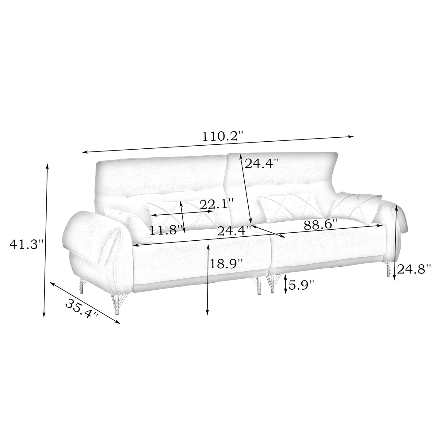 110.20 inches long, Fabric Sofa, with 4 matching pillows and 2 spacious and comfortable seats, in a modern style