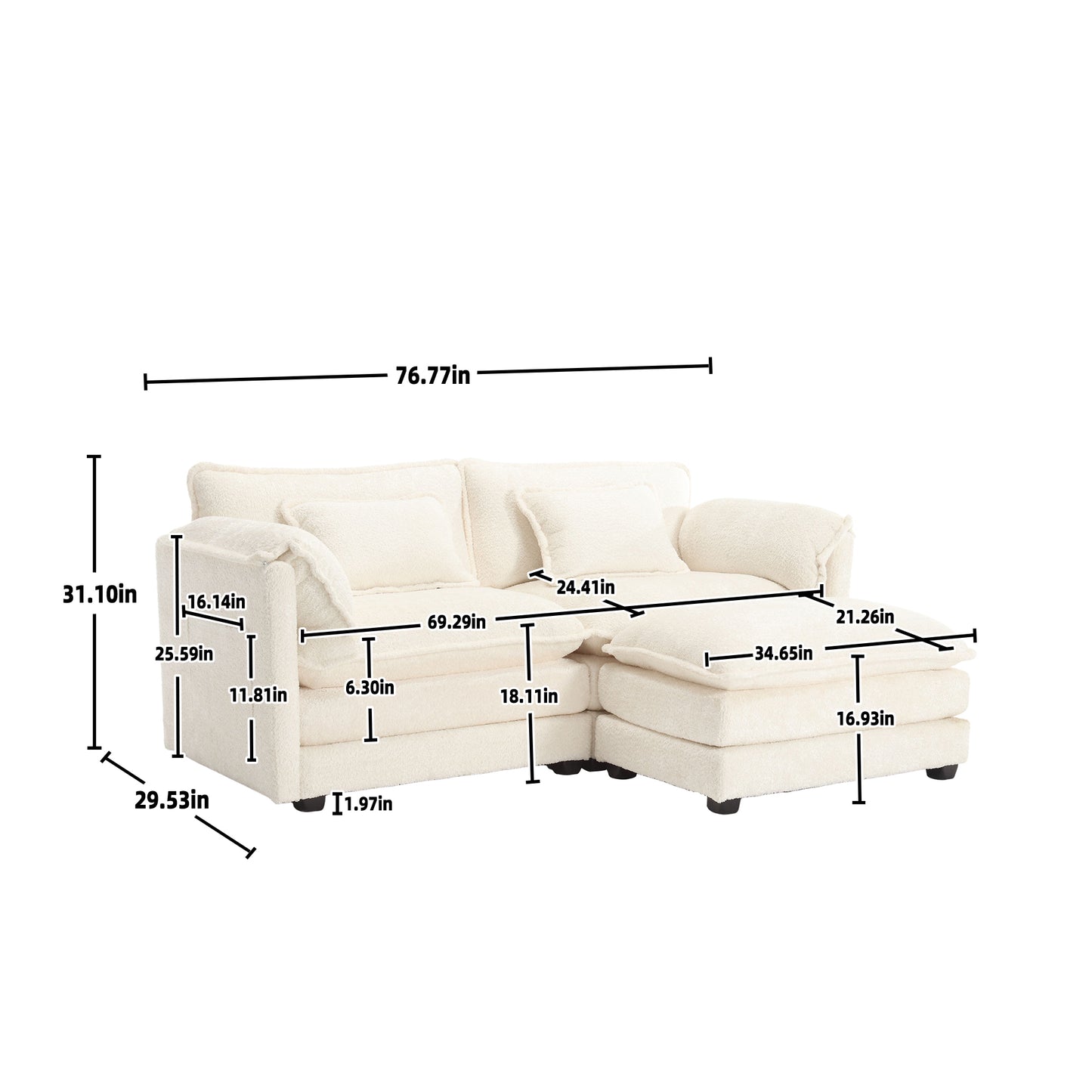 UNITED WE WIN Chenille fabric, removable armrests with side pockets, high density sponge filling, oversized double sofa with footstool