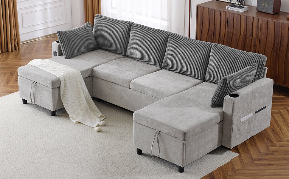 111.8" Sectional Sofa Pull-out Sofa Bed Versatile Sofa Sleeper with Large Storage Space, Two USB Ports and Two Cup Holders for Living Room, Grey