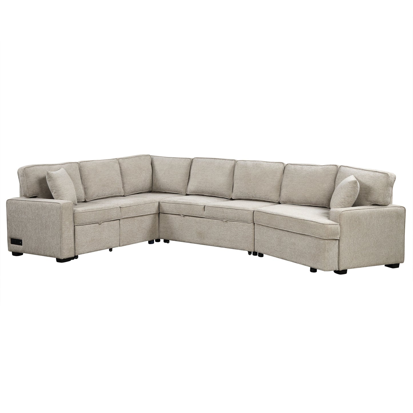 126" L-shaped Sofa Sectional Sofa Couch Pull-out Sofa Bed with Charging Devices and Cup Holders for Living Room, Beige