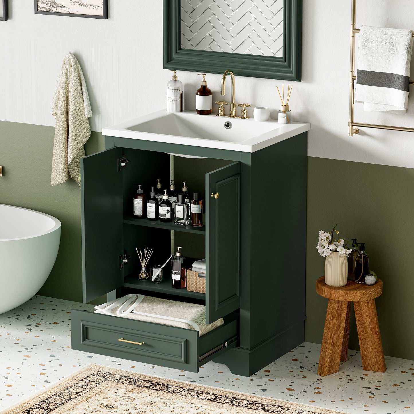 24'' Bathroom Vanity with Ceramic Sink Combo, Modern Freestanding Storage Cabinet  with Silver Handles,  Soft Closing Doors