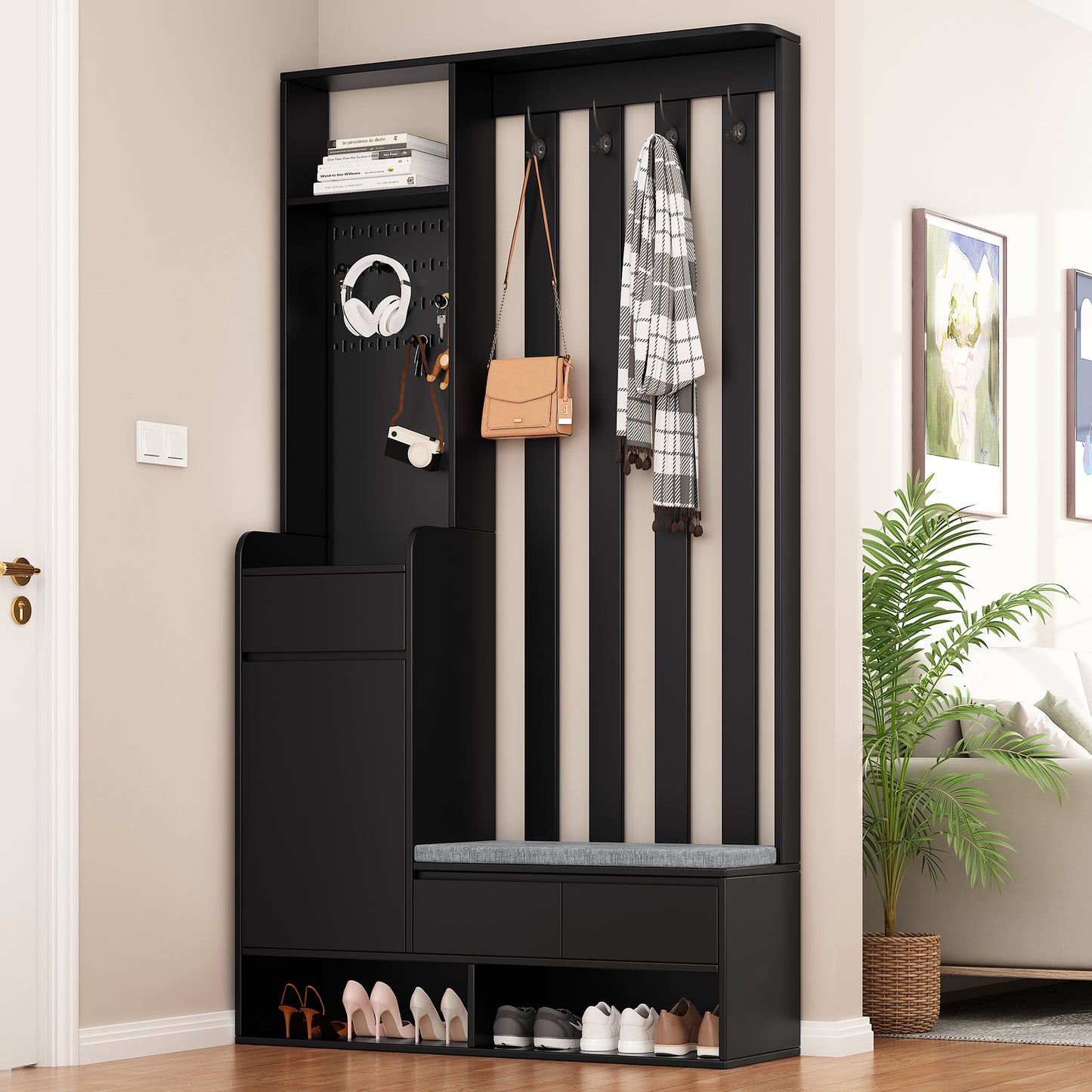 ON-TREND Contemporary 39.3''Wx70.8''H Hall Tree  Storage with Cushioned Storage Bench, Multifunctional Hallway Shoe Cabinet with Pegboard, Modern Coat Rack with 4 Hooks for Entryway, Mudroom, Black