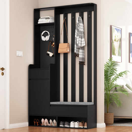 ON-TREND Contemporary 39.3''Wx70.8''H Hall Tree  Storage with Cushioned Storage Bench, Multifunctional Hallway Shoe Cabinet with Pegboard, Modern Coat Rack with 4 Hooks for Entryway, Mudroom, Black