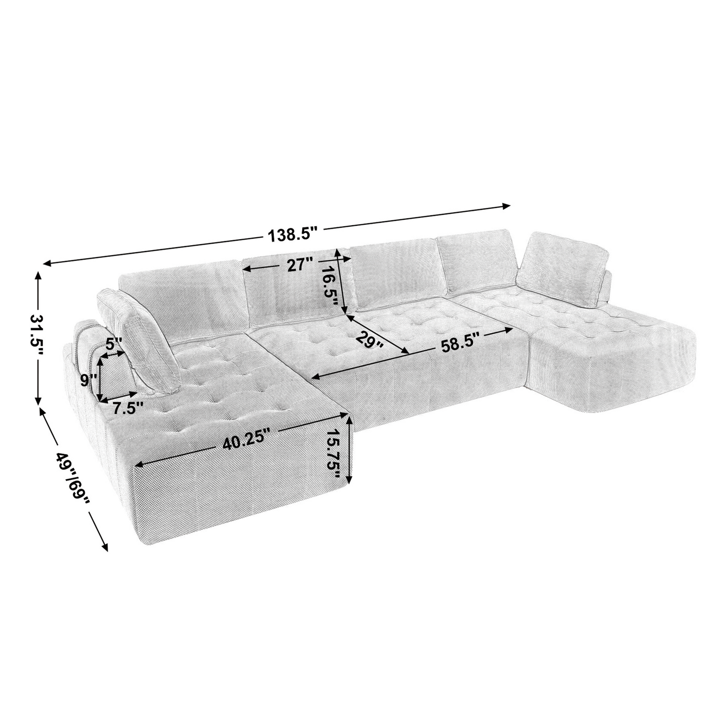 [NEW ARRIVED] [VIDEO PROVIDED]138.5 "Modular Combination Sofa, U-shaped Sofa, Living Room, Apartment, Upholstered ,6-seat Sofa, Free Combination Sofa (Mesh Fabric), Breathable Fabric, Gray