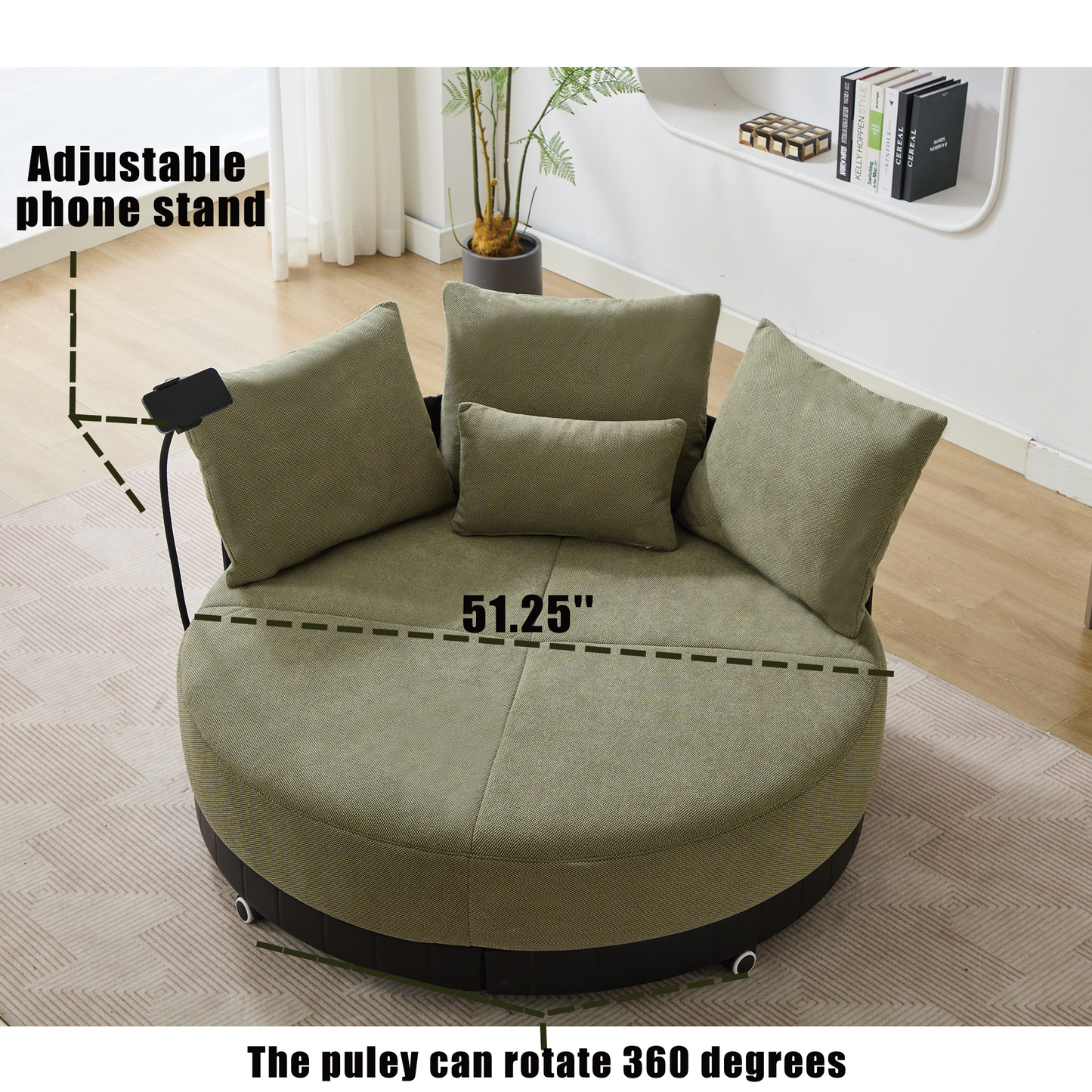 [NEW ARRIVED] [VIDEO PROVIDED]52.75'' Oversized Round Swivel  Chair,360° Swivel Chair, Couples chair,Adjustable phone stand,Swivel Chair,Rotating pulley,Polyester(Anti-Wrinkle),Green